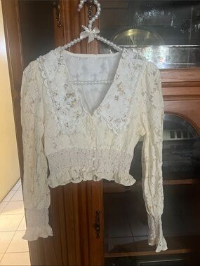 Ivory Lace Smocked Blouse with Floral Peter Pan Collar